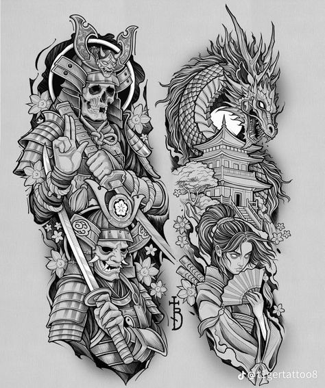 Egypt Tattoo Design, Japanese Hand Tattoos, Samurai Tattoo Sleeve, Japanese Tattoos For Men, Oni Tattoo, Tattoo Japanese Style, Minimalist Tattoo Ideas, Samurai Tattoo Design, Dragon Sleeve Tattoos