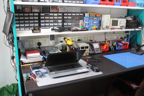 Electronics Workbench - GSmicro Computer Repair Workbench, Electronics Workspace, Electronics Lab Workbenches, Electronics Workbench, Workbench Diy, Workbench Ideas, Room Maker, Electronic Workbench, Tool Room