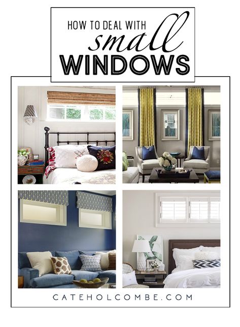 How to choose window treatments for small, high (basement, clerestory) windows.  Drapes and shades for little windows. Via cateholcombe.com Window Treatments For Basement Windows, Styling Small Windows, Window Treatments For High Windows, Short Narrow Window Treatments, Wide Short Window Treatments, Window Coverings For Short Windows, Window Treatments Small Living Room, Short Wide Window Curtains, Curtains For Short Wide Windows