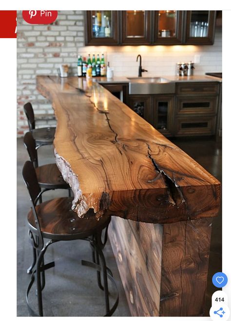 Live Edge Bar, Basement Bar Designs, Diy Home Bar, Kitchen Island Ideas, Rustic Kitchen Island, Small Kitchen Layouts, Coffee Bars In Kitchen, Rustic Kitchen Design, Rustic Home Design