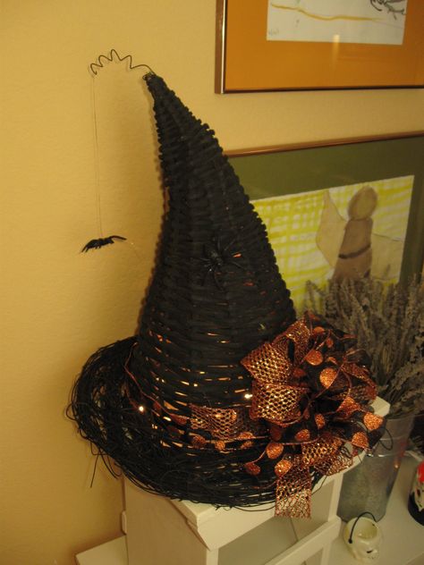 I made this witches hat out of a wicker cornucopia. Cornucopia Witch Hat, Witches Hat, Fall Decorations Porch, Fall Halloween Decor, Halloween Stuff, Fall Decorations, Wooden Crafts, Witch Hat, Holiday Decorations