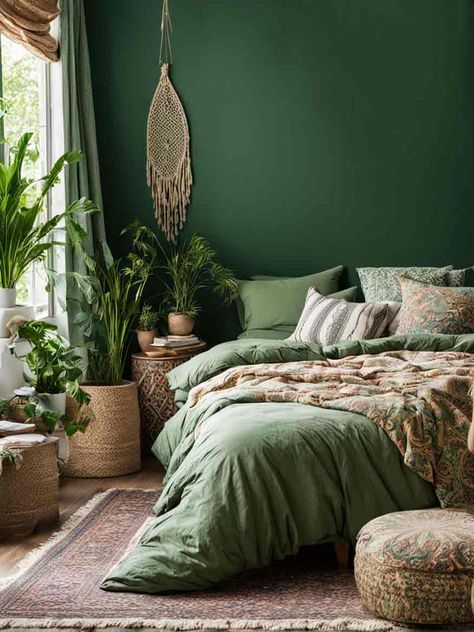 25+ Cozy Boho Bedroom Ideas For Free-Spirited Decor & Design Cozy Boho Bedroom Ideas, Boho Vintage Decor, Green Bedrooms, Cozy Boho Bedroom, Interesting Decor, Bold Paint Colors, Boho Bedroom Ideas, Cozy Fall Bedroom, Interior Design Per La Casa