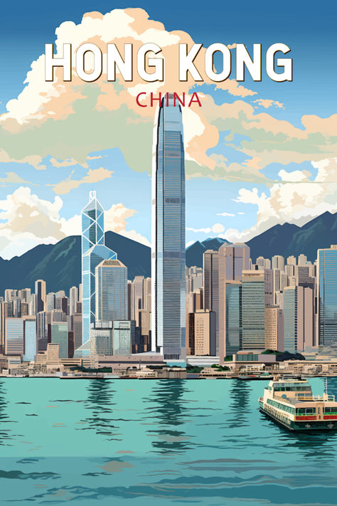 Vintage-style poster showcasing the dynamic cityscape of Hong Kong, China, perfect for adding a touch of urban nostalgia to your decor. Hong Kong Print, China Poster, Retro Hong Kong, Hong Kong Art, Travel Photo Album, Explore China, Travel Poster Design, Travel Drawing, Hong Kong Travel