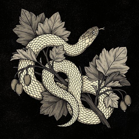 Verena Vrey Luna Lichtsinn - Illustration & Printmaking - Digital artwork Snake On A Branch, Portfolio Cover Page Ideas, Dark Naturalism Aesthetic, 00 Tattoo, Forest Witch Aesthetic, Portfolio Cover Page, Metal Illustration, Year Of Snake, Cover Page Ideas