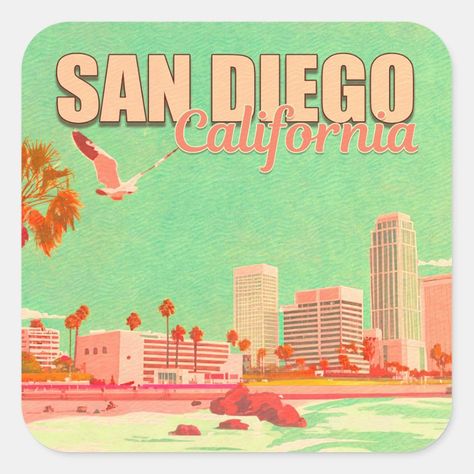 San Diego California Downtown Souvenirs 1950s Cali Aesthetic, Design Stickers, San Diego Beach, Tropical Destinations, California Love, Retro Summer, Stone Coasters, San Diego California, Summer Design