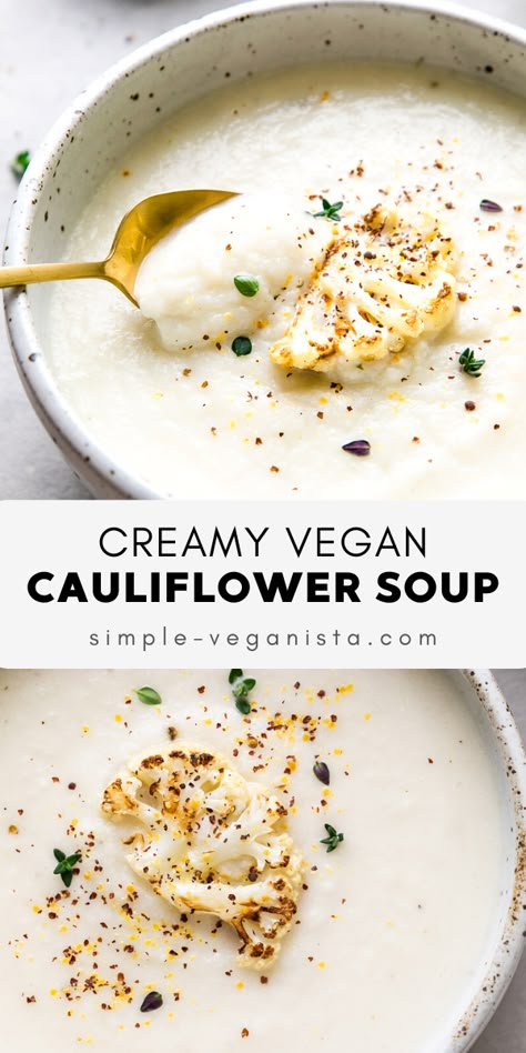 Clean Eating Vegetarian, Creamy Cauliflower Soup, Cauliflower Soup Recipes, Creamy Cauliflower, Vegan Cauliflower, Vegan Soup Recipes, Easy Soup, Vegan Soups, Cauliflower Soup