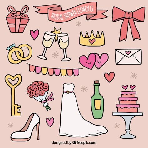 Collection of bridal shower accessories ... | Free Vector #Freepik #freevector #bachelorette-party #hen-party #bachelorette #wedding-accessories Bride Scrapbook, Hand Drawn Wedding, Wedding Envelopes, Wedding Stickers, Shower Accessories, Cute Easy Drawings, Baby Art, Hen Party, Celebrity Weddings