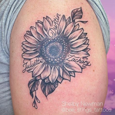 Sunflower with kids names in it for Kristina 🌻 . . . . #customtattoo #sunflowertattoo #kidsnametattoo #momtattoo #familytattoo… | Instagram Sunflower Fingerprint Tattoo, Sunflower With Name Tattoo, Sunflower Tattoo With Name, Kid Tattoos For Moms, Good Family Tattoo, Fingerprint Tattoos, Secret Tattoo, Meaning Tattoos, Kid Name Tattoo