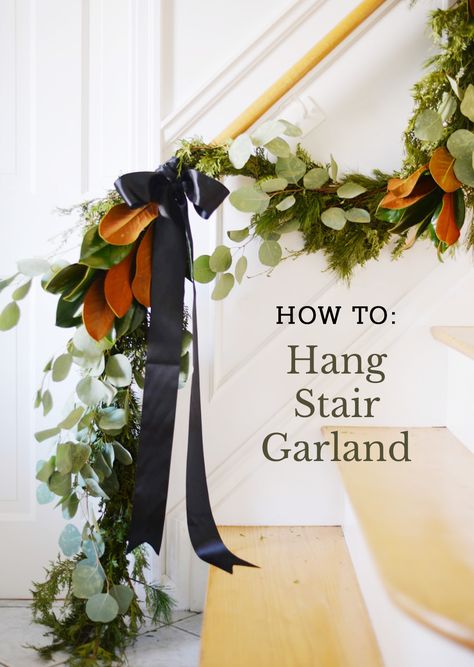 Hanging Garland On Stairs, Hang Garland On Stairs, Garland On Stairs, Stairway Banister, Bannister Garland, Jennifer Flores, Stairway Garland, Stair Garland, Banister Garland