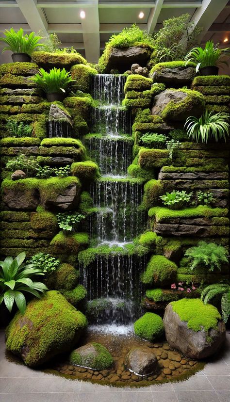 Kitchen Living Room Decor Ideas, Waterfall Entrance, Pond Waterfalls, Pond Inspiration, Ravivarma Paintings, Campsite Decorating, Small Garden Waterfalls, Vertikal Garden, Kolam Koi