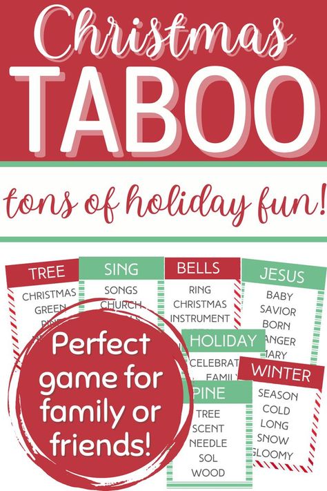 Christmas taboo game Taboo Cards, Christmas Party Games For Groups, Taboo Words, Campfire Games, Taboo Game, Fun Activity For Kids, Family Friendly Games, Xmas Games, Play With Friends