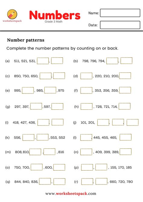 Free printable grade 3 math worksheet. Complete the number patterns by counting on or back. Number Patterns Worksheets, Math Paper, Patterns Worksheet, Grade 5 Math Worksheets, Mental Maths Worksheets, Maths Paper, Worksheets For Grade 3, Math Pages, 3rd Grade Math Worksheets