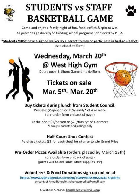 The Student vs Staff Basketball Game is on Wednesday, 3/20! | Jefferson Middle School School Fundraisers Middle School, School Fundraising Ideas Middle School, Student Council Ideas High School Fundraisers, School Events Ideas High School, Pta Ideas For Students, Middle School Pta Ideas, Middle School Pta Events, Prom Fundraiser Ideas, Middle School Fundraiser Ideas