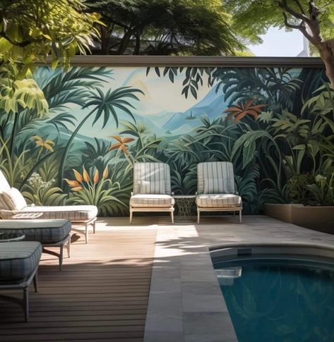 Poolside Wall Murals, Tropical Mural Painting Outdoor, Pool Mural, Bathroom Mural, Pool Paint, Garden Wall Designs, Mural Art Design, Pools Backyard Inground, Garden Mural