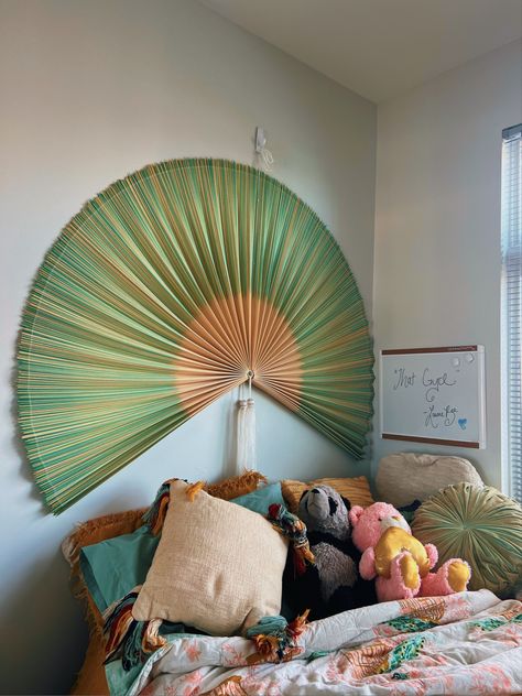 Green colored tan fan big enough for headboard mounted to wall Fan Headboard, Soft Girl Life, Room Organization Bedroom, Fan Decoration, Giants Fans, Art Decor Diy, Tiny Apartment, Bedroom Headboard, Dream Room Inspiration