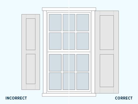 illustration of incorrect and correct shutter sizes Shutter Size Guide, Outside Shutters, Wood Shutters Exterior, Types Of Shutters, Decorative Shutters, Window Shutters Exterior, Outdoor Shutters, Custom Shutters, House Shutters