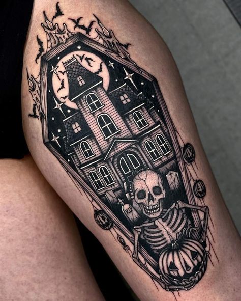 Spooky Tattoo Ideas, Scary Tattoo Ideas, Haunted House Tattoo, Halloween Tattoos Sleeve, Gothic Mansion, Pumpkin Tattoo, Wicked Tattoos, Scary Tattoos, Spooky Tattoos