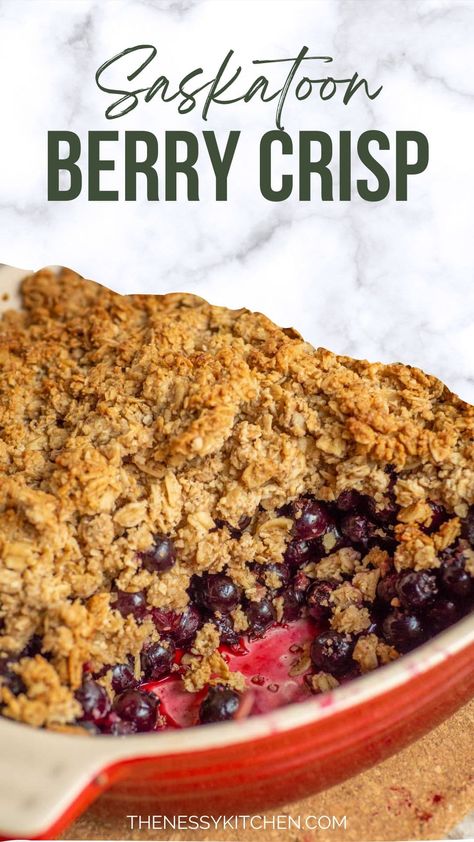 This easy and delicious dessert features a juicy Saskatoon berry filling topped with a buttery oat and brown sugar streusel. Enjoy this crisp on its own or topped with a scoop of vanilla ice cream. Saskatoon Crisp Recipe, Saskatoon Berry Crisp, Saskatoon Berry Recipes, Saskatoon Crumble, Saskatoon Berry Desserts, Saskatoon Berry Crumble, Saskatoon Berry Recipe, Saskatoon Berry Scones, Saskatoon Berry Cheesecake