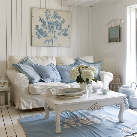 Simple crisp blue and white shabby chic living room White And Light Blue Living Room, Light Blue Victorian Bedroom, Baby Blue Living Room, Light Blue Living Room Ideas, Blue And Pink Living Room, Light Blue Living Room, Shabby Chic Blue, Blue Shabby Chic, Apartment Vibes