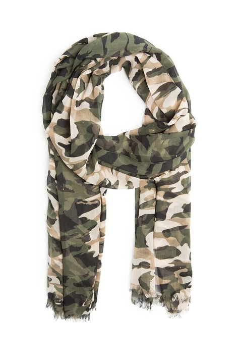 Mango Camo-Print Studded Foulard Scarf, $24.99;  target="new">mango.com   - ELLE.com Military Inspired Outfit, Camo Scarf, Camouflage Clothing, Military Inspired Fashion, Military Trends, Neon Accessories, Camouflage Fashion, Army Fatigue, Camo Shoes