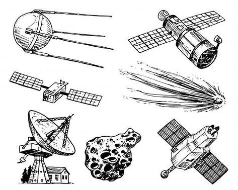 Space Satellite Drawing, Meteorite Tattoo, Spaceship Drawing Sketches, Spacecraft Drawing, Asteroid Drawing, Space Shuttle Tattoo, Meteor Tattoo, Comet Drawing, Rocket Sketch