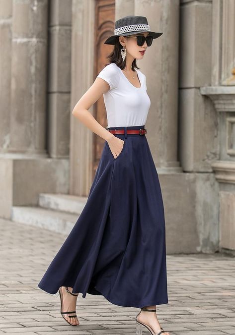 Blue skirt Linen skirt Long Linen Skirt A Line skirt | Etsy Long Navy Skirt, Maxi Linen Skirt, Blue Skirt Outfits, A Line Skirt Outfits, Maxi Skirt With Pockets, Long Linen Skirt, Skirt Linen, Blue Maxi Skirt, Long Skirt Outfits