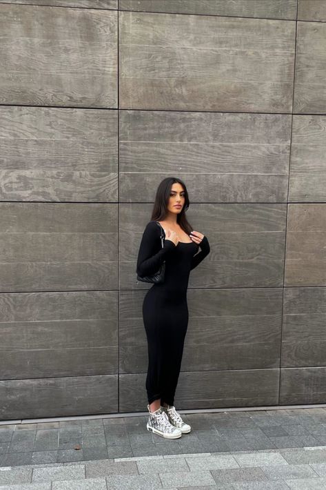 a go to black dress for all your fashion needs! Bodycon Dress And Sneakers Outfit, Dress And Sneakers Outfit, Fitted Bodycon Dress, Summer Wardrobe Staples, Kim K Style, Maxi Long Dress, Long Bodycon Dress, Kim K, Black Bodycon Dress