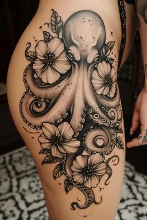 Searching for unique octopus tattoo designs? Discover the symbolism and stunning styles that could inspire your next ink masterpiece. Octopus Flowers Tattoo, Octopus Mermaid Tattoo, Water Leg Sleeve Tattoo, Seahorse Tattoo Design Drawings, Trippy Octopus Drawing, Forearm Octopus Tattoo, Octopus Tattoo Women, Octopus Half Sleeve Tattoo, Nautical Flower Tattoo