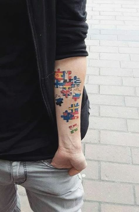 Okay this is pretty cool Flags Tattoo Ideas, Flags Tattoo, Trip Tattoo Ideas, Puzzle Tattoo, Wanderlust Tattoos, Trip Tattoo, Travel Tattoo Ideas, Puzzle Piece Tattoo, Puzzle Tattoos