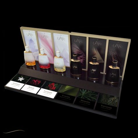 Stand Perfume Design, Perfume Display Ideas, Niche Perfume Collection, Fragrance Bar, Display Perfume, Fragrance Display, Fancy Store, Coffee House Design, Cosmetics Display Stand