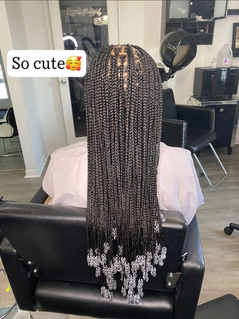 Braids With Clear Beads Black Women, Knotless Box Braids With Clear Beads, Beads On Braids Black Women, Box Braids Clear Beads, Black Braids With Clear Beads, Small Knotless Box Braids With Beads, Small Box Braids With Beads, Singles With Beads, Cute Weave Hairstyles Braids