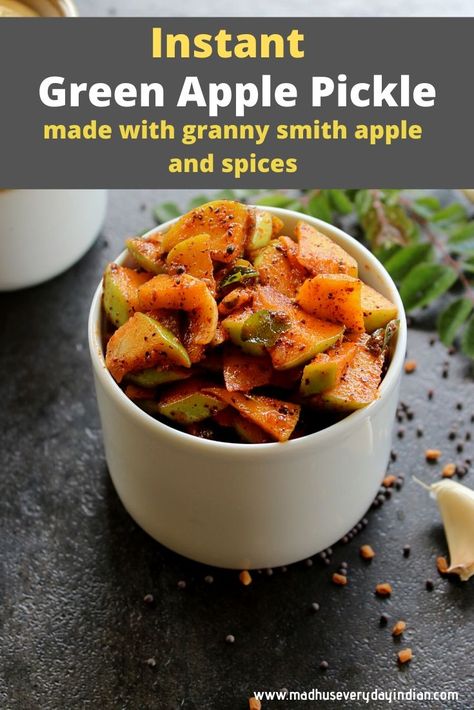 Green Apple Pickle made instantly with fresh tart granny smith apples and south Indian spices like mustard seeds and fenugreek seeds. Sweet, tangy and spicy pickle to enjoy as a side with rice, roti, dal, curd rice and more. With very few ingredients and simple process, this green apple pickle is a great substitute for the raw mango pickle.  #greenapplepickle #instant #southindianpickle #indianpickle  #grannysmithapple Raw Mango Pickle, Spicy Pickle, Indian Beef Recipes, Sweet Potato Recipes Roasted, Curd Rice, Andhra Recipes, Indian Soup, Mango Pickle, Spicy Pickles