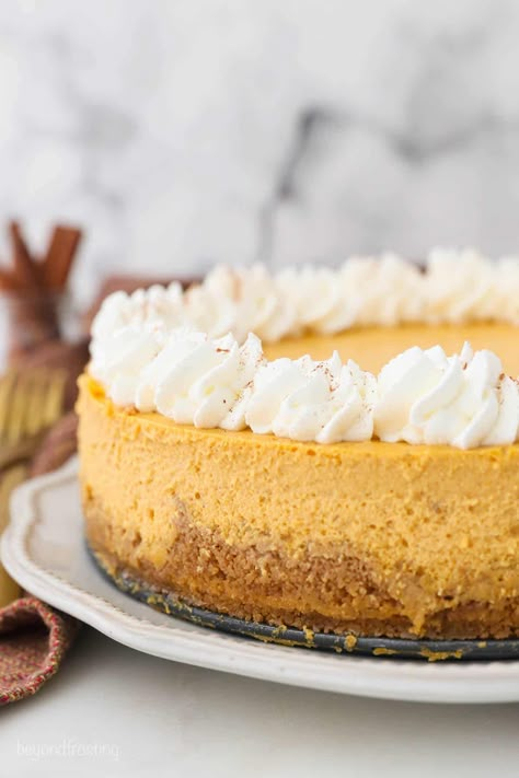 Pumpkin Cheesecake Baked, Festive Thanksgiving Desserts, Cheesecake Baked, Pumpkin Swirl Cheesecake, Yummy Cheesecake, Gingersnap Crust, Easy Holiday Desserts, Pumpkin Cheesecake Recipes, Sweetened Whipped Cream