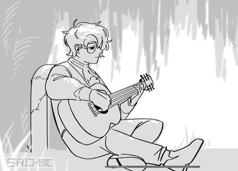 Character Playing Guitar Reference, Art Reference Sitting On Floor, Playing Ukulele Drawing Reference, Holding Bucket Reference, Sitting With Guitar Pose, Someone Holding A Guitar, Person Holding Guitar Drawing Reference, Person At Desk Drawing Reference, Guy Playing Guitar Drawing