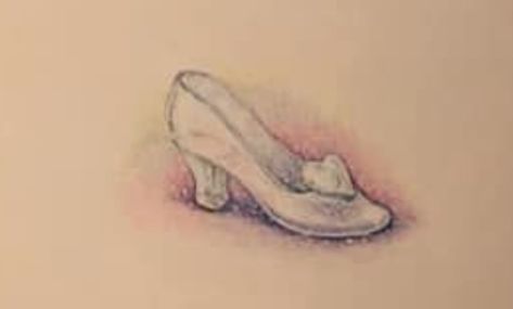 Cinderella's sparkling glass slipper illustrated by Lynn Bywaters Cinderella Slipper Tattoo, Cinderella Shoe Tattoo, Glass Slipper Drawing, Cinderella Carriage Tattoo, Glass Slipper Tattoo, Cinderella Tattoo, Mickey And Minnie Tattoos, Minnie Tattoo, Shoe Tattoos