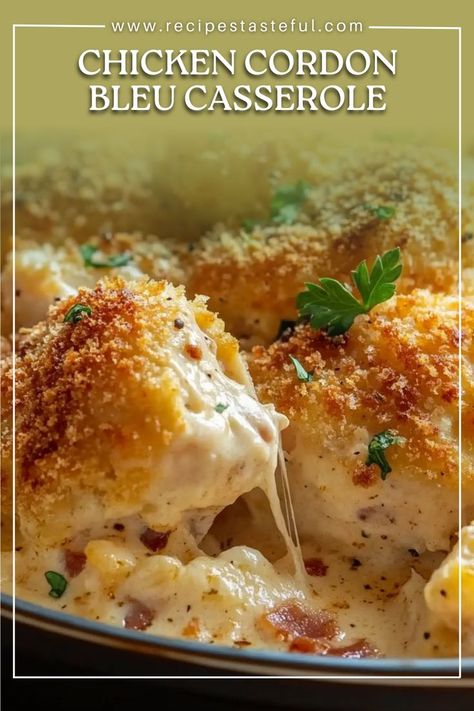 This hearty casserole combines the flavors of chicken cordon bleu with creamy pasta, Swiss cheese, and a crispy breadcrumb topping. Chicken Cordon Bleu Pasta, Breadcrumb Topping, Chicken Cordon Bleu Recipe, Cordon Bleu Casserole, Chicken Cordon Bleu Casserole, Hearty Casseroles, Chicken Cordon, Chicken Cordon Bleu, Creamy Pasta