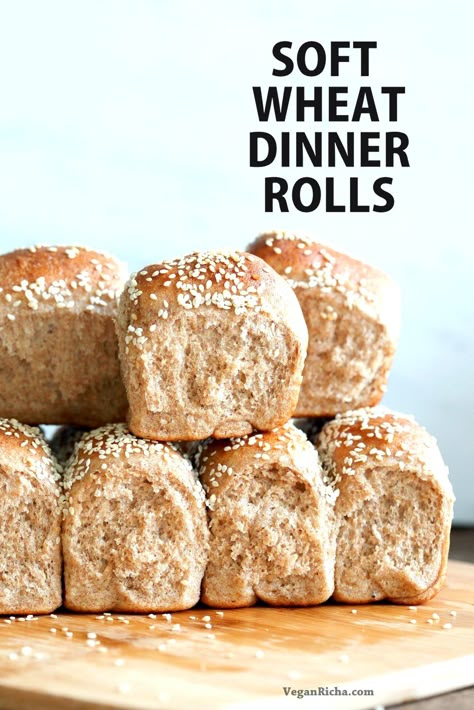 Soft Whole Wheat Dinner Rolls. Moist and soft Whole wheat Rolls 100% Whole grain rolls. Use as Wheat Buns. Soy-free Palm Oil-free Recipe Vegan Whole Grain Dinner Rolls. Dinner Rolls Vegan, Whole Wheat Dinner Rolls, Wheat Dinner Rolls, Whole Wheat Rolls, Yeast Packet, Vegan Richa, Whole Grain Flour, Buns Recipe, Dinner Rolls Recipe