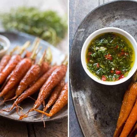 Honey Ginger Roasted Carrots with Carrot Greens Chimichurri - My Food Story Roast Carrots, Roasted Potato Wedges, Roast Chicken Recipe, Chimichurri Recipe, Food Story, Honey Ginger, Carrot Greens, Indian Recipe, Green Chutney