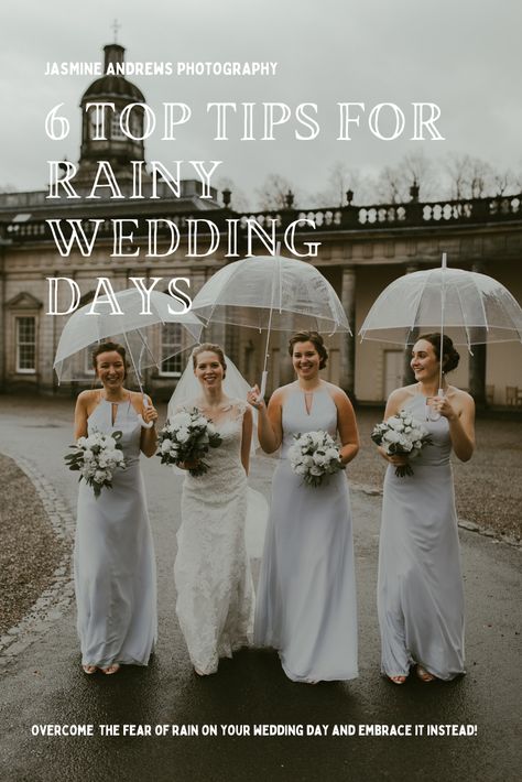 My top tricks and tips for overcoming the fear of rain on your wedding day and embracing it instead! Rainy Wedding, Clear Umbrellas, Bridesmaids, Bride Squad Bride With Umbrella, Rainy Day Wedding Hair, Clear Umbrella Wedding, Fear Of Rain, Rain On Wedding Day, Bridal Umbrella, Back Garden Wedding, Cool Umbrellas, Fall Wedding Outfits