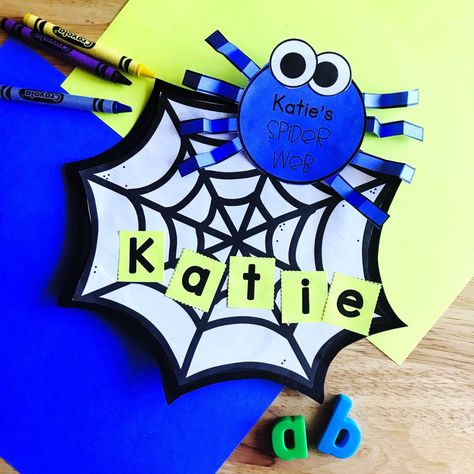 Name Crafts for Preschool and Kindergarten (+ a free craft!) - Natalie Lynn Kindergarten Dinosaur Name Craft, Preschool Name Crafts, Spiders Preschool, Natalie Lynn, Name Activities Preschool, Spider Activities, October Classroom, Dinosaur Name, Literacy Activities Preschool