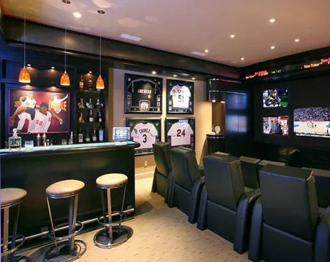 31 Home Theater Ideas That Will Make You Jealous - Sebring Design Build - Design Trends Sports Cave, Cave Design, Man Cave Living Room, Sports Man Cave, Cave Room, Basement Home Theater, Nerd Cave, Theater Chairs, Man Cave Room