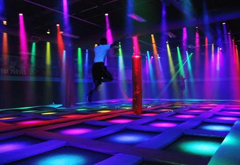 Neon Trampoline Park, Gaming Parlour, Trampoline Room, Gym Lighting, Nightclub Design, Indoor Trampoline, Dream Mansion, Trampoline Park, Backyard Play