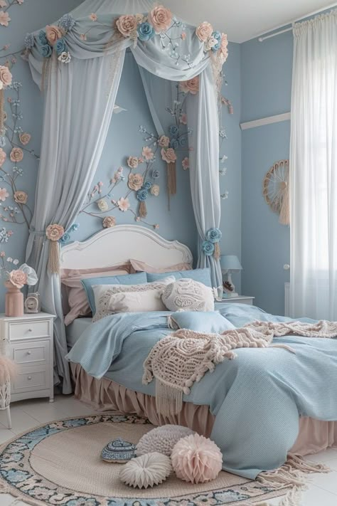 29 Blue Boho Girls Bedroom Designs To Inspire Sweet Dreams 26 Blue Themed Room Ideas, Blue Bedroom For Girls Ideas, Blue Princess Bedroom, Blue Feminine Aesthetic, Pastel Blue Room Aesthetic, Girls Bedroom Ideas Blue, Pastel Blue Room, Pastel Boho Bedroom, Fairyland Decor