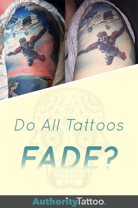 If you’re wondering whether your new tattoo will fade with time, the answer is yes. All tattoos fade. But how quickly this will happen is all down to you. Click the pin to learn more. Color Fade Tattoo, Fading Tattoo Design, Color Fade To Black And White Tattoo, Faded Color Tattoos Before And After, Tattoo Fading, Least Painful Tattoo Spots, Faded Color Tattoo, Turn Your Wounds Into Wisdom Tattoo, Yellow Tattoo