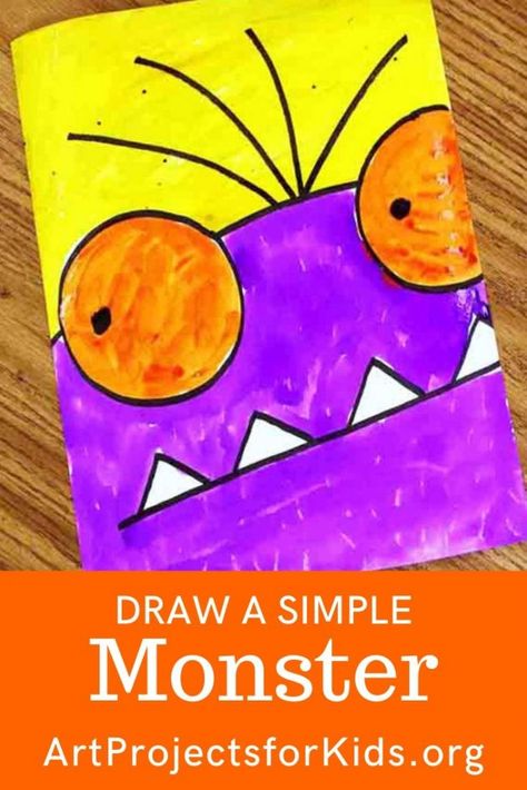 Monster Art Projects For Kids, Monster Tutorial, Halloween Art Drawing, Draw A Monster, Directed Drawing Kindergarten, Halloween Art Lessons, Kindergarten Drawing, Adaptive Art, Primary School Art