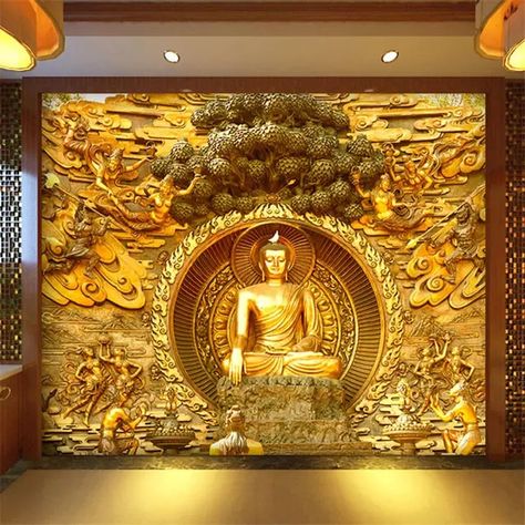 Buddha Living Room, Living Room Screen, Buddha Story, Golden Buddha Statue, Buddha Wall Decor, Wall Painting Living Room, Wallpaper Store, 3d Wallpaper Living Room, Custom Photo Wallpaper