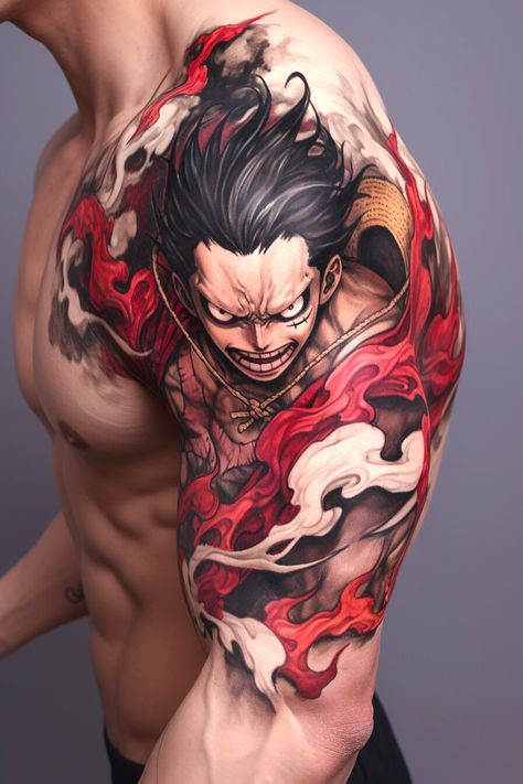 One Piece Tattoos For Men, One Piece Sleeve Tattoo, One Piece Tattoo Ideas Design, One Piece Luffy Tattoo, Luffy Tattoo Design, Asian Tattoo Ideas, Painting Tattoo Ideas, Luffy Tattoo Ideas, One Piece Tattoo Design