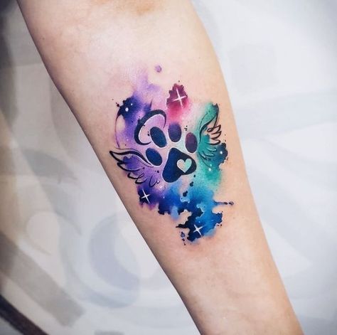 Galaxy Paw Print Tattoo, A Piece Of Me Went With You Tattoo, Watercolor Stars Tattoo, Colorful Animal Tattoos, Watercolor Tattoo For Women Unique, Water Paint Tattoo, Watercolor Paw Print Tattoo, Watercolor Art Tattoo, Cat Paw Tattoo Ideas