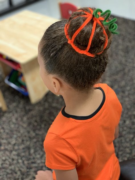 Pumpkin Pipe Cleaner Hair, Halloween Pumpkin Hair Bun, Bun Crazy Hair Day, Crazy Hair Day Pumpkin Bun, Pumpkin Bun Hairstyle, Pumpkin Hair Bun, Pumpkin Buns Hair, Halloween Toddler Hair, Halloween Hairstyles For Kids