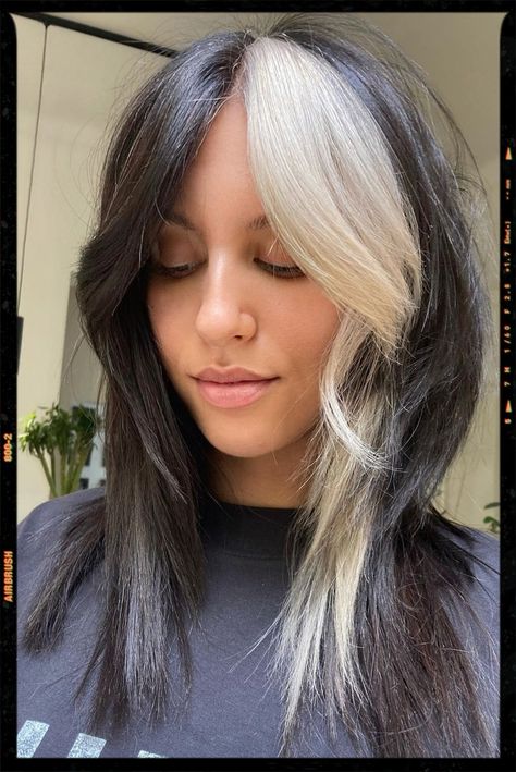 White Streak In Hair, Color Block Hair, Black And White Hair, Black White Hair, App Filter, Split Dyed Hair, White Hair Color, Hair Color Underneath, Red Hair Inspo